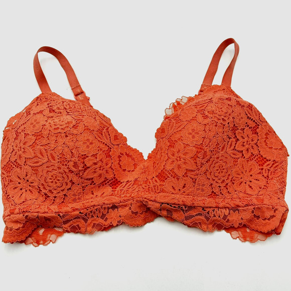 AERIE | 36 D Peach Orange Real Happy Wireless Plunge Floral Lined Lace Bra - Picture 1 of 7